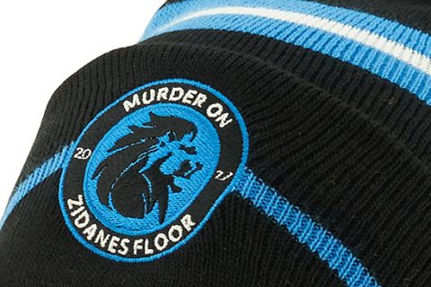 custom beanie hat with embroidered badge Murder on Zidanesfloor